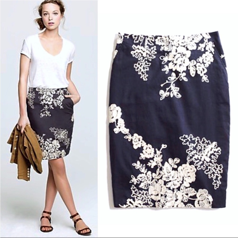 J. Crew Mirabel The Pencil skirt Navy blue with white embroidery Size 0